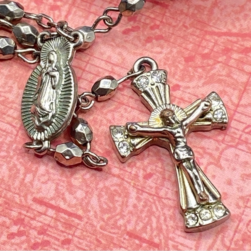 Catholic Rosary Rhinestone Crucifix Silver Tone Petite Beads